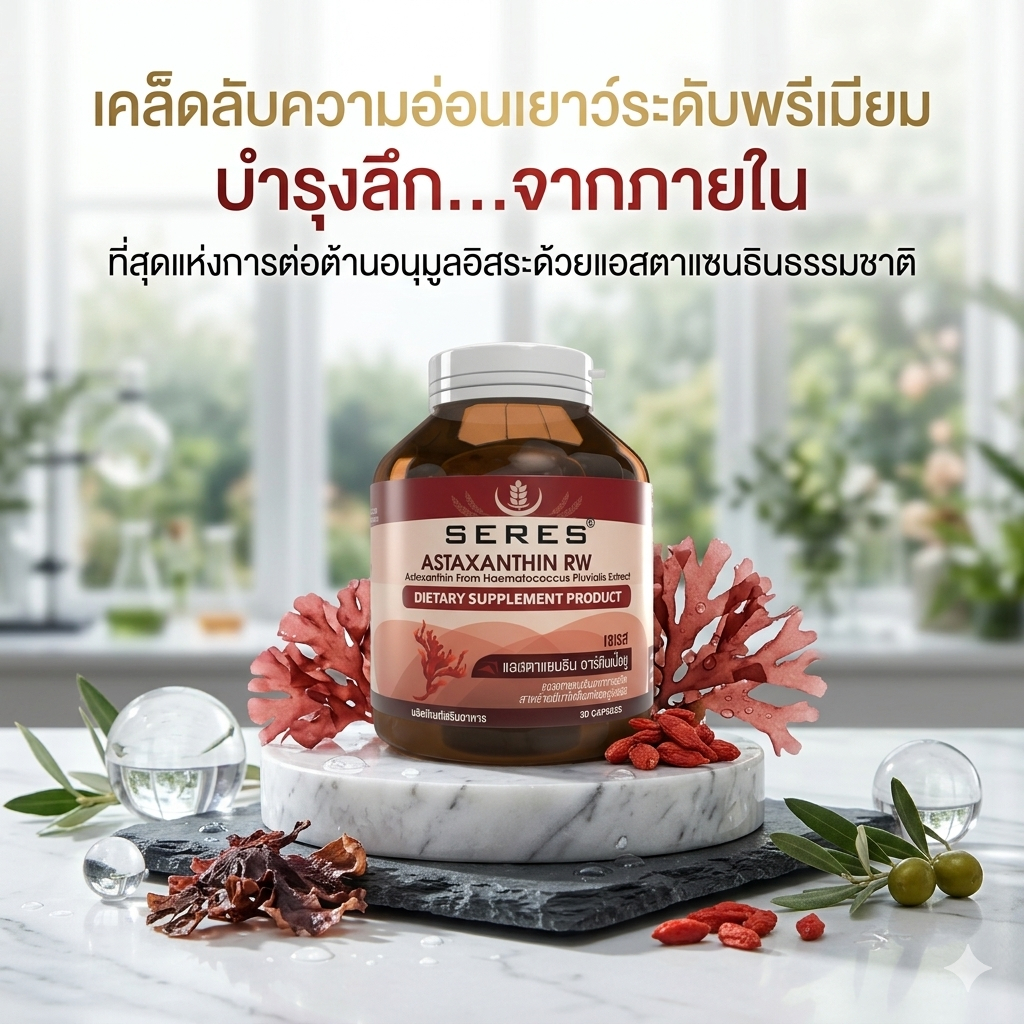 ของแท้ Seres Astaxanthin ให้แอสต้าแซนธิน 6 มก. ต้านอนุมูลอิสระ ชะลอวัย ลดริ้วรอย จุดด่างดำ ลดการสร้างเม็ดสีผิว 30 แคปซูล