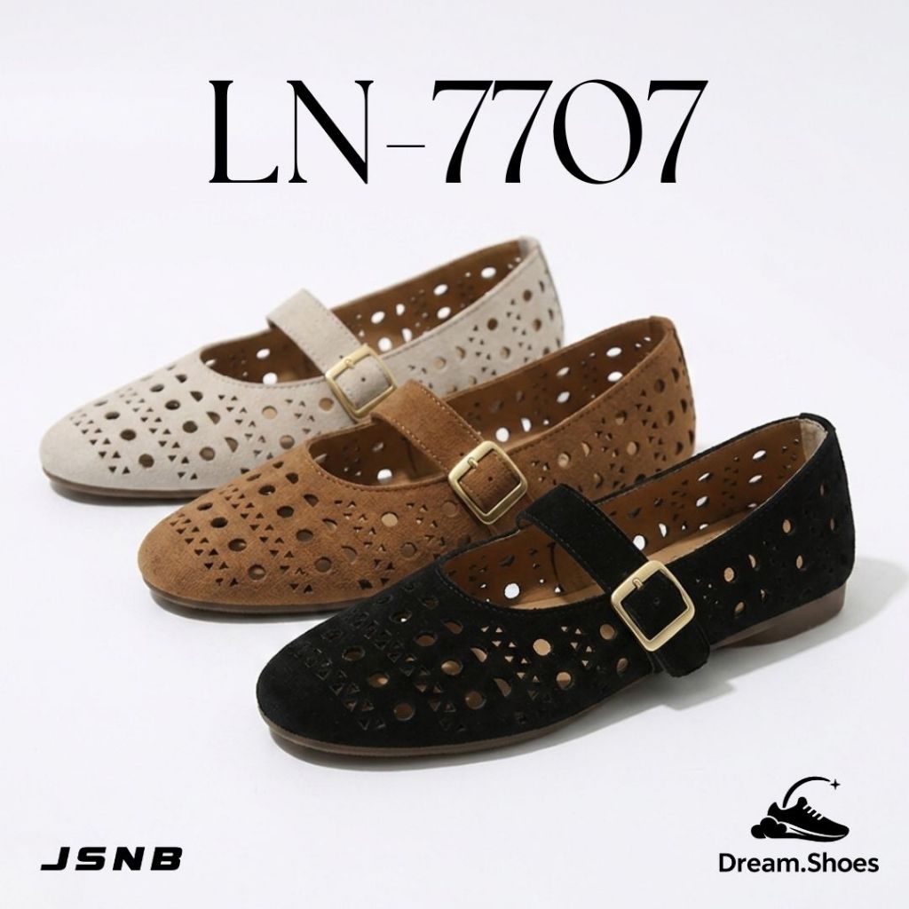 JSNB รองเท้าผุ้หญิง แมรี่เจน ฉลุลายวินเทจ รองเท้าบัลเล่ต์หนังนุ่ม ระบายอากาศดี - LN7707