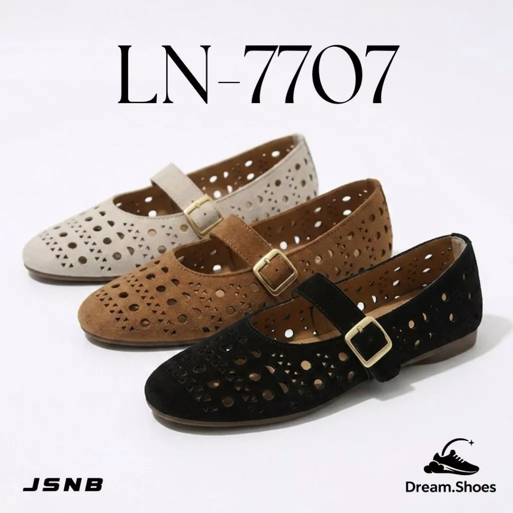 JSNB รองเท้าผุ้หญิง แมรี่เจน ฉลุลายวินเทจ รองเท้าบัลเล่ต์หนังนุ่ม ระบายอากาศดี - LN7707