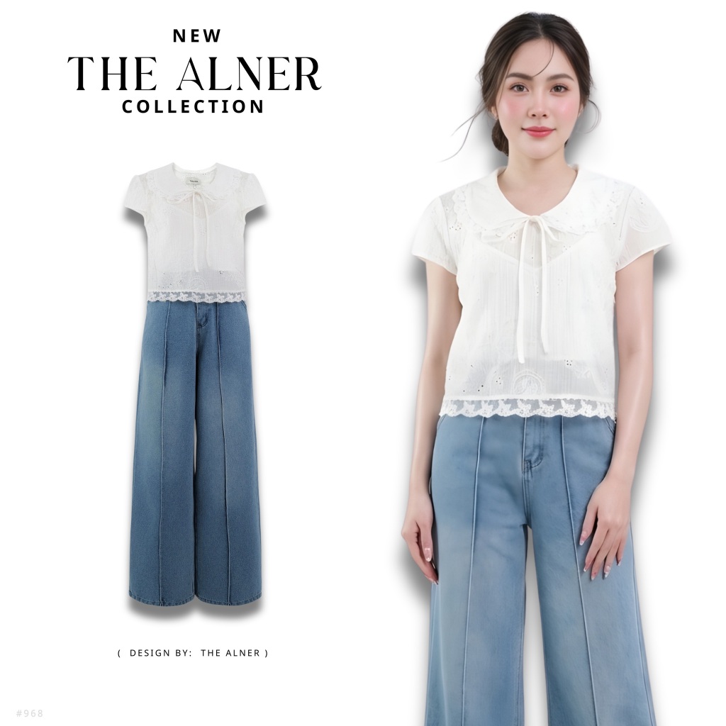 Thealner-AN968 (เซตเสื้อขาวซีทรู+สายเดี่ยวขาวกางเกงยีนส์ขายาว)
