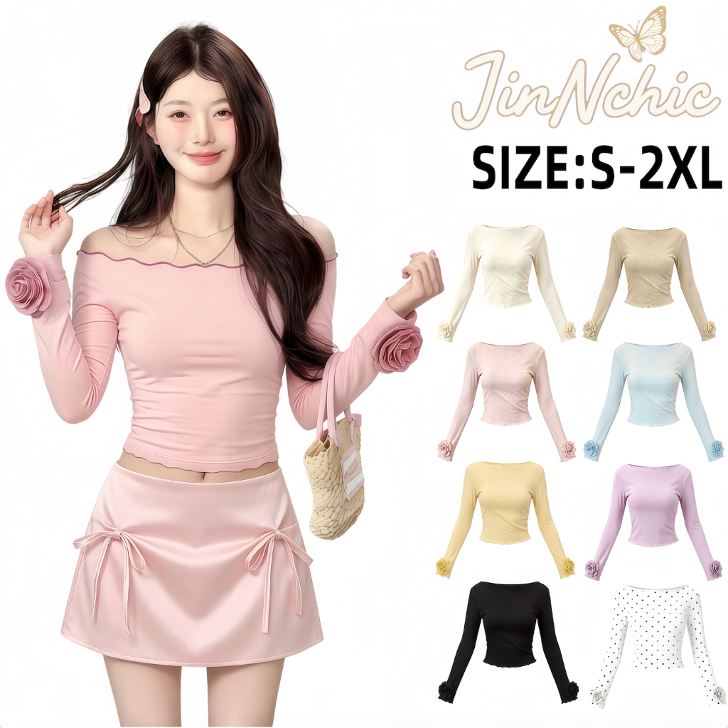JINNCHIC เสื้อผู้หญิงแขนยาว เปิดไหล่ แต่งดอกไม้ที่ปลายแขน ทรงเข้ารูป ใส่แล้วดูผอม มีลุคคุณหนูดูดี