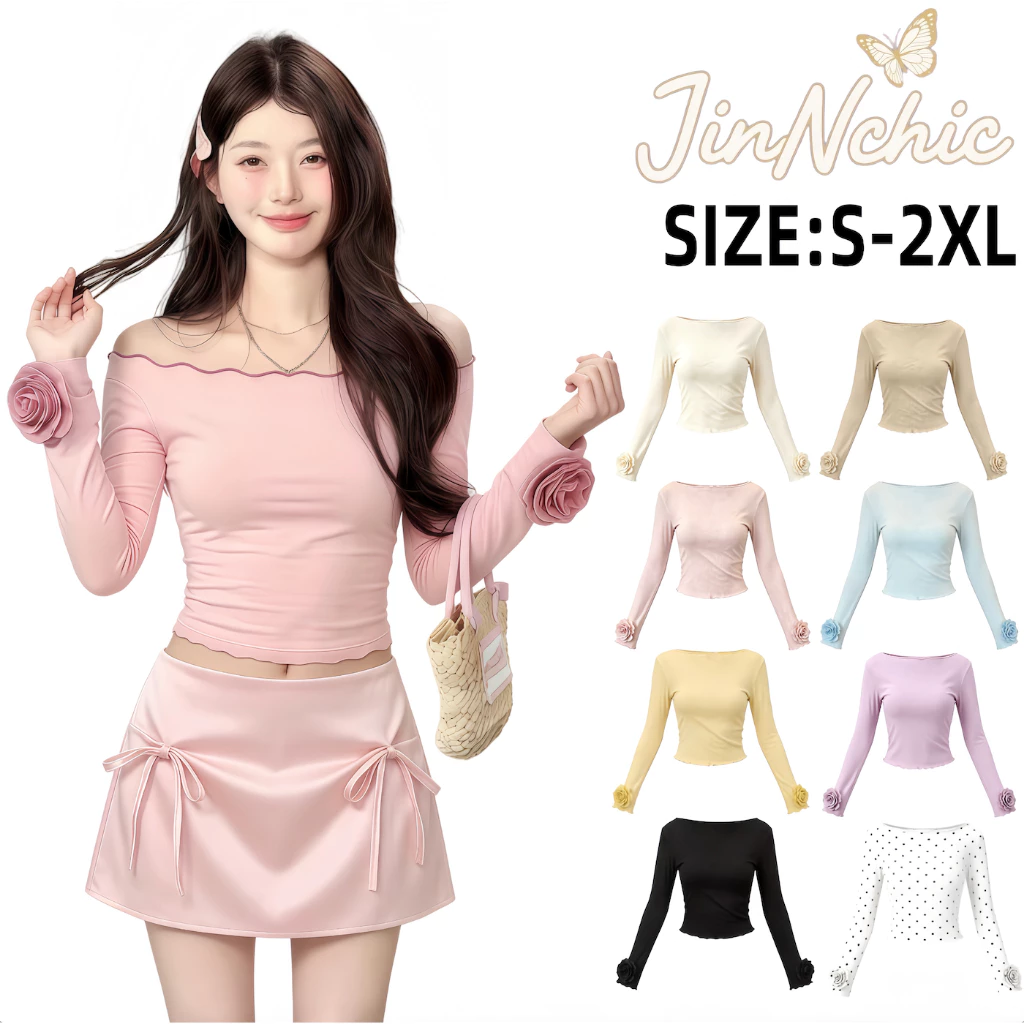 JINNCHIC เสื้อผู้หญิงแขนยาว เปิดไหล่ แต่งดอกไม้ที่ปลายแขน ทรงเข้ารูป ใส่แล้วดูผอม มีลุคคุณหนูดูดี