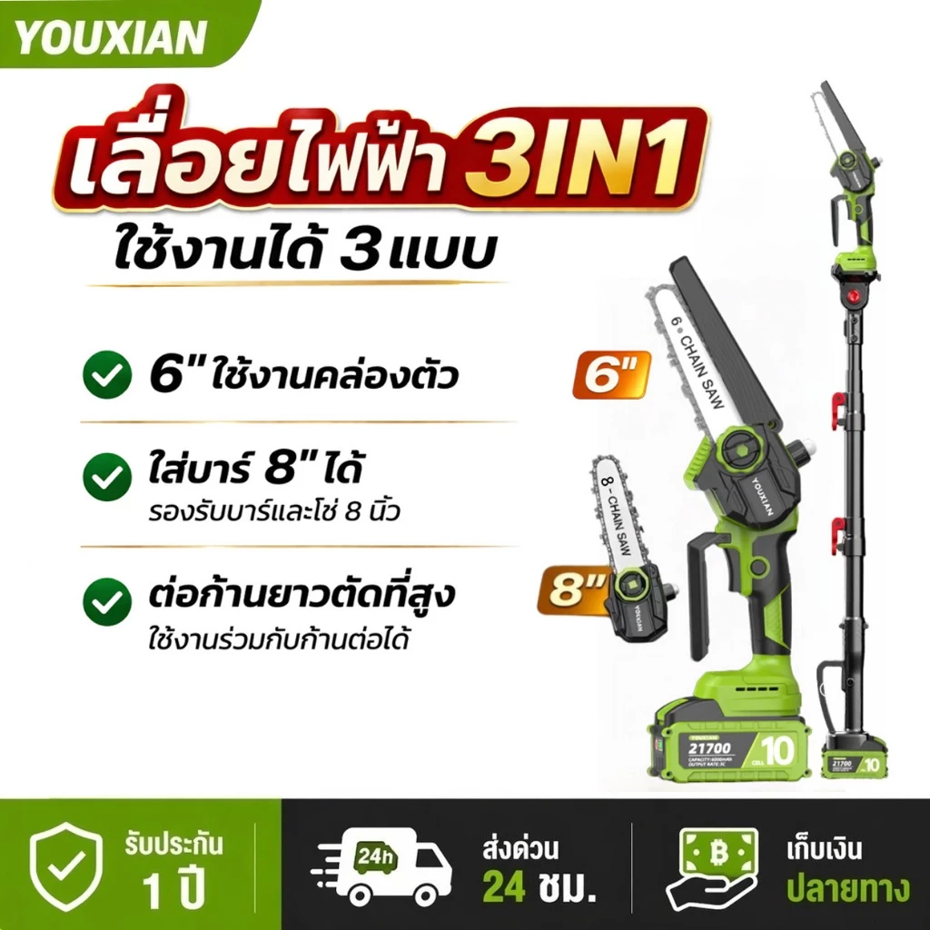 YOUXIAN เครื่องเลื่อยโซ่ไร้สาย 6 นิ้ว มอเตอร์ไร้แปรง 1000W แรงตัดสูง เปลี่ยนบาร์ 8 นิ้วได้ ฟรีชุดโซ่