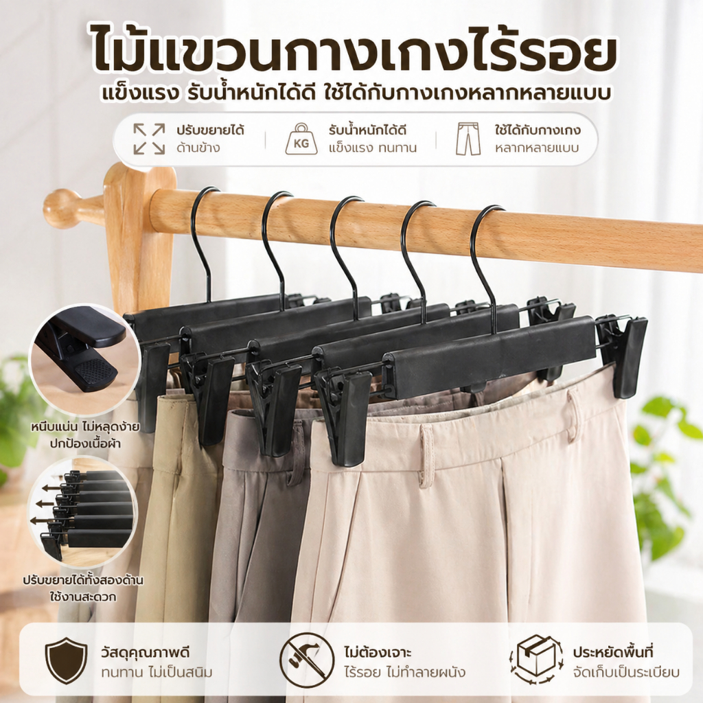 10PCS ไม้แขวนเสื้อมีที่หนีบ ที่แขวนกางเกง ตากชุดชั้นใน กางเกง กระโปรง สามารถปรับระยะห่างของแคลมป์ได้