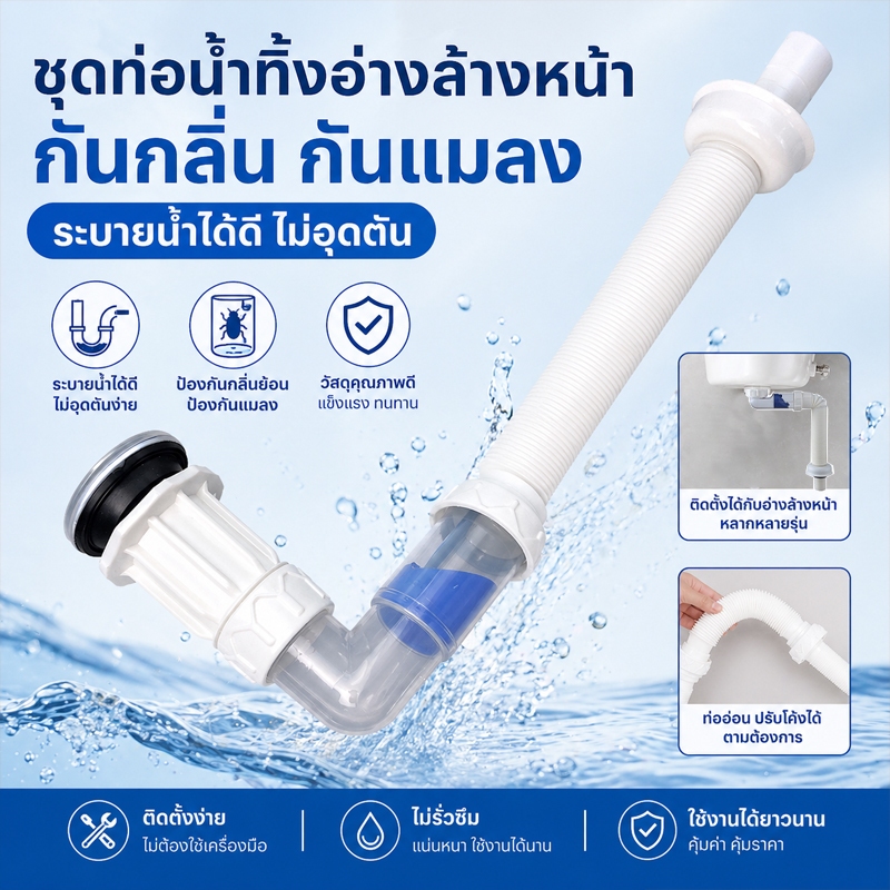 ท่อระบายน้ำอ่างล้างหน้า กันกลิ่นและแมลง วัสดุแข็งแรง ปรับระดับได้ น้ำไหลลื่น ระบายดี ไม่ค้างท่อ