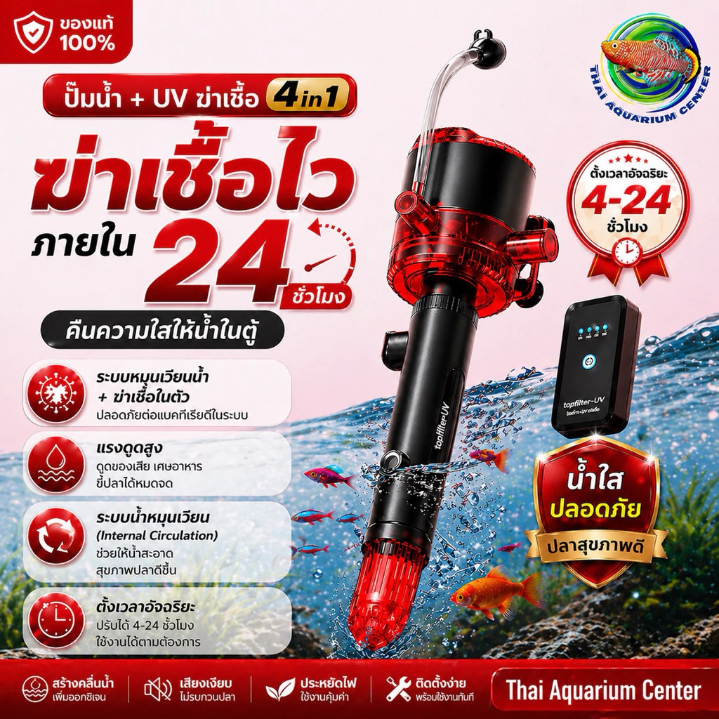ปั๊ม UV ฆ่าเชื้อ พร้อมปั๊มในตัว (Timer อัจฉริยะ 4–24H) เครื่องเดียวจบ ทั้งกรอง + ฆ่าเชื้อ + เพิ่มออกซิเจน