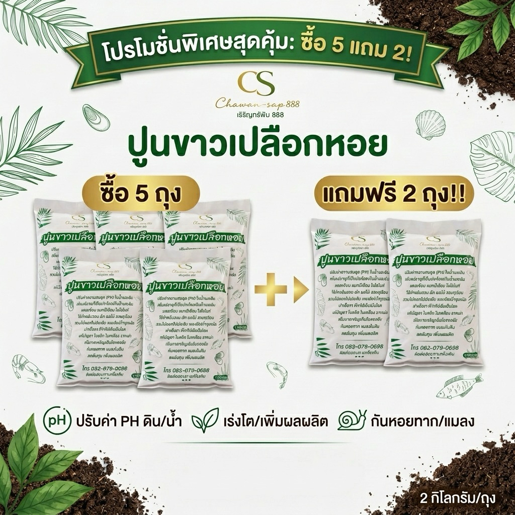 ปูนขาวเปลือกหอยผสมโดโลไมท์ ใบเหลือง ใบหงิก เชื้อราในดิน รากเน่า โคนเน่า  แก้ดินเปรี้ยว ดินเป็นกรด 5แถม2