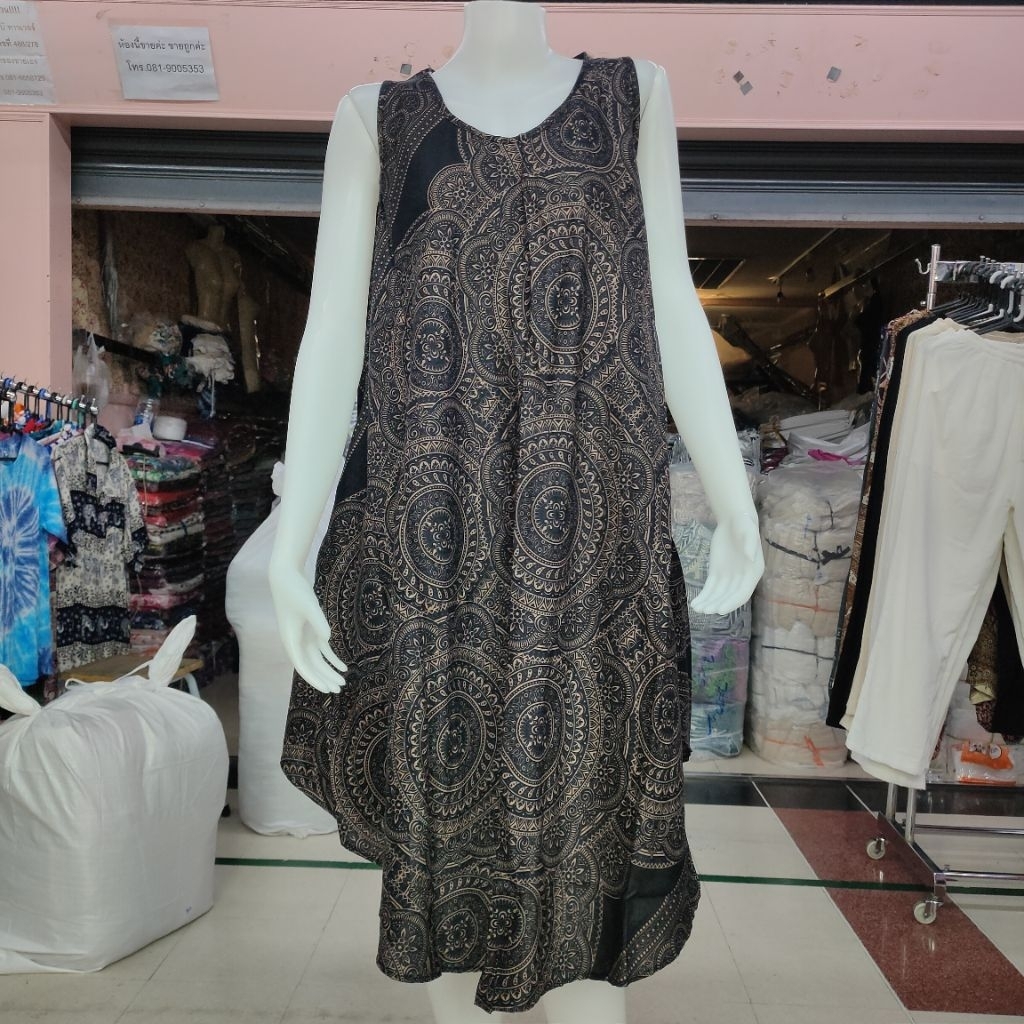 พร้อมส่ง ชุดนอนกระโปรงผ้าเรย่อน คอกลมชายบาน แขนกุด(รอบอก54นิ้วยาว114cm)