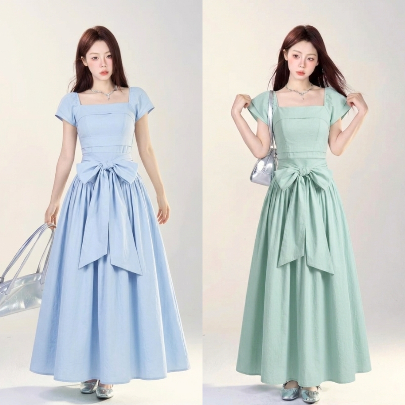 S-3XL 🍡เดรสยาวหางปลา ดีเทลโบว์หลังอลังการ สไตล์ลูกคุณหนูฝรั่งเศส ชุดไปงานแต่ง ชุดไปคาเฟ่ เดรสสาวอวบ พร้อมส่ง💗