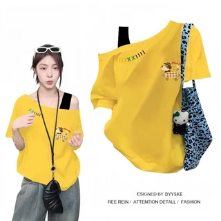 เสื้อยืดแขนสั้นผู้หญิง ไหล่เฉียง ลายหมีพิมพ์ผ้า ตัวหลวมสวย ไม่หดไม่ซีด ใส่สบาย