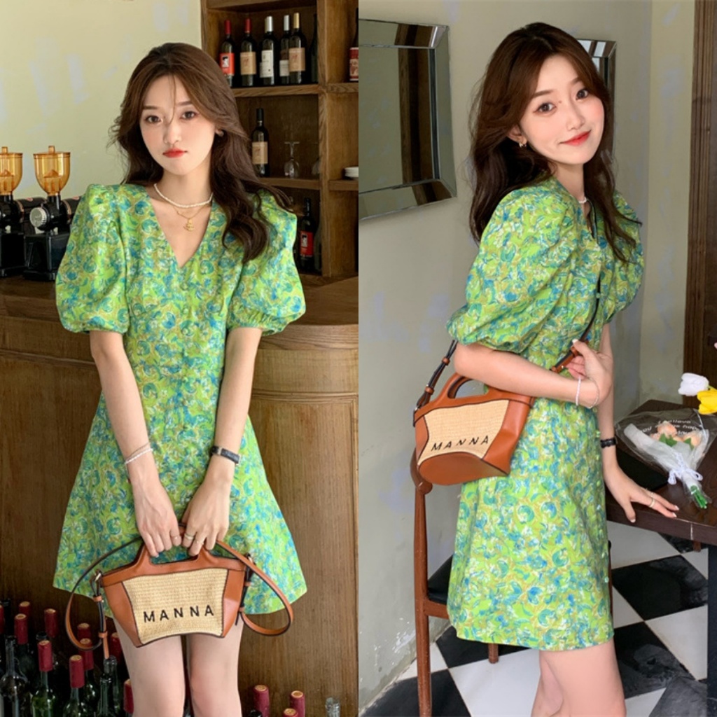 เดรสลายดอกไม้สีเขียว กระโปรงแขนพอง แฟชั่นใหม่ รัดเอว สไตล์วันหยุด S-2XL