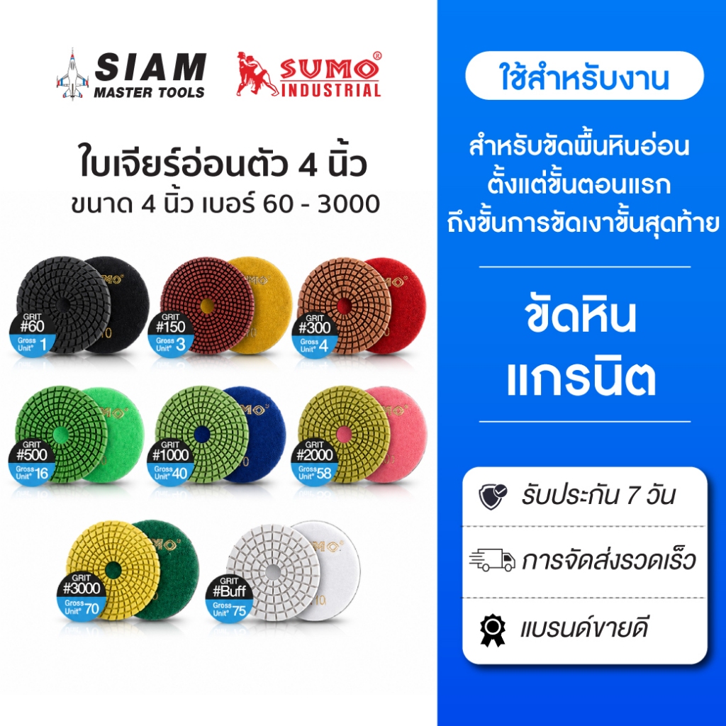 SUMO (ขัดหินแกรนิต) ใบเพชรอ่อนตัวชนิดน้ำ 4 5 นิ้ว เบอร์ 60 - 3000 ขัดลบรอย ขั้นแรกและขั้นตอนสุดท้าย