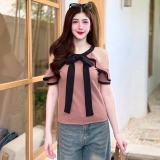 เสื้อแฟชั่น ทรูโทน แขนสั้น ดีเทลปาดไหล่ แต่งโบว์หน้า กระดุมหลัง เรียบหรู ใส่แมท LG145