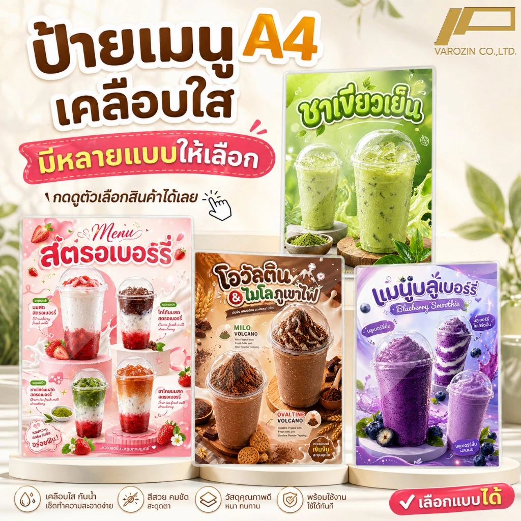 วะรอซีน | ป้ายเมนู A4 เคลือบใสแข็ง เมนูเครื่องดื่ม สตรอเบอรี่ ชา กาแฟ ผลไม้ปั่น ป้ายร้านน้ำ เมนูน้ำ