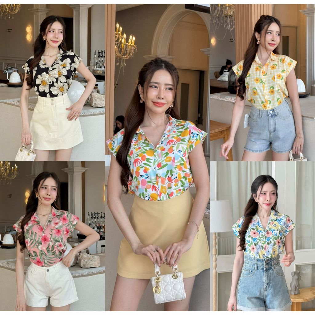 เสื้อคอปกเชิ้ตแขนล้ำ*ลายดอก
