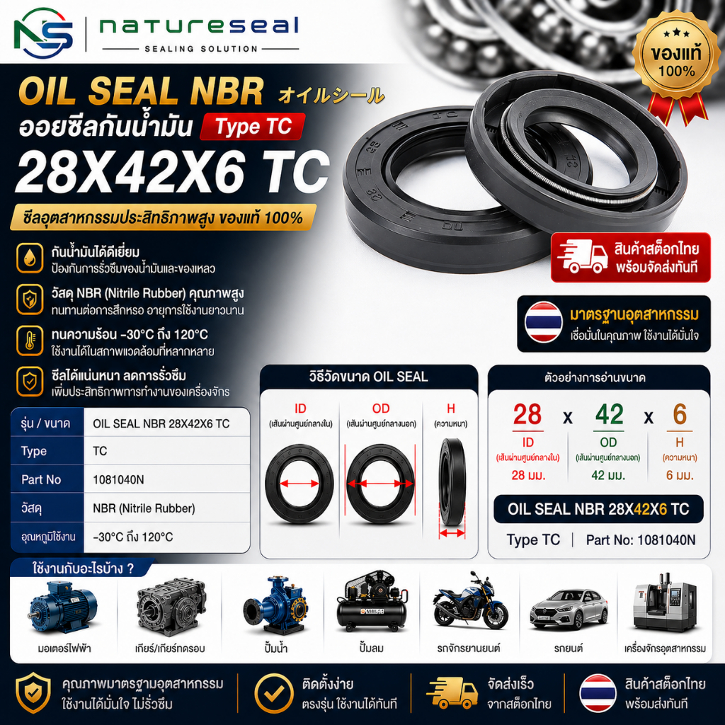 OIL SEAL NBR 28-42-6 TC อะไหล่ซีลแท้ 100% ส่งจากไทย OIL SEAL NBR 28X42X6 TC