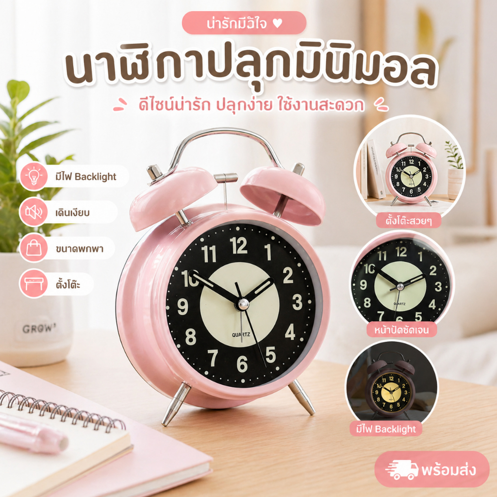 นาฬิกาปลุกมินิมอล มีไฟ Backlight เดินเงียบไม่มีเสียง ขนาดพกพา ตั้งโต๊ะทำงาน ตกแต่งห้อง [พร้อมส่ง]