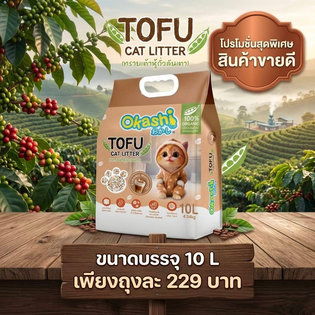 Okashi ทรายเต้าหู้ ถั่วลันเตา CARRAMEL MACCHLATO ขนาด 10 ลิตร 4ถุง = 40 ลิตร (สินค้าบรรจุกล่อง)