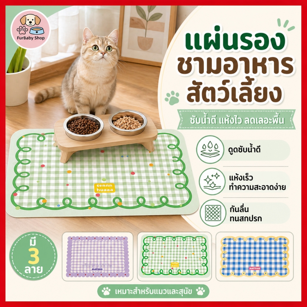 【FurBaby】 พร้อมส่ง COD แผ่นรองชามอาหารสัตว์เลี้ยง ซิลิโคนกันน้ำ กันลื่น ทำความสะอาดง่าย ดีไซน์พรีเมียม ทนทาน มาก
