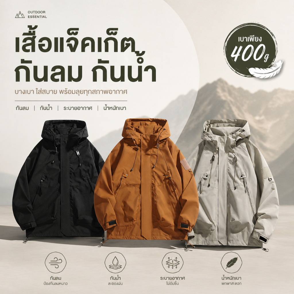 เสื้อกันลม กันฝน แจ็คเก็ตกันน้ำ แบบบาง เบา ระบายอากาศดี ใส่สบาย เสื้อแจ็คเก็ตแฟชั่น ใส่เที่ยว กลางแจ้ง