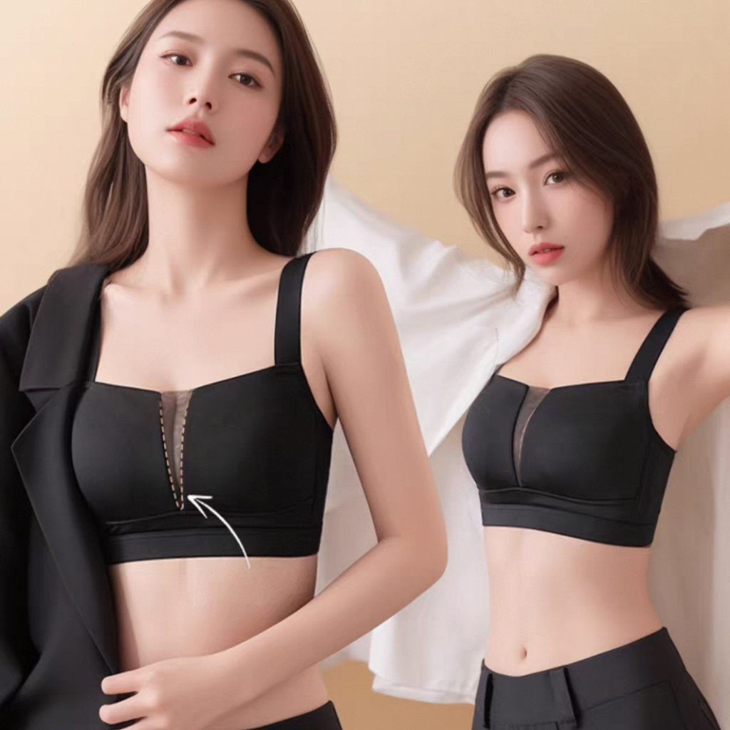 บราไร้ตะเข็บแบบเต็มคัพ พร้อมสายสะพายไหล่กว้าง และดีไซน์ไร้โครง ช่วยยกกระชับและพยุงทรง ป้องกันการหย่อนคล้อย