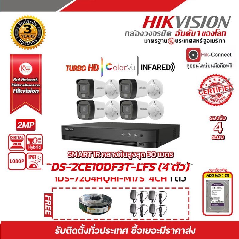HIKVISION  DS-2CE16D0T-EXLF (3.6mm) 4 ตัว เครื่องบันทึก 4 ช่อง iDS-7204HQHI-M1/S 1 ตัว HDD WD 1 TB