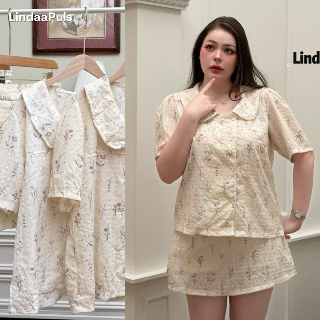 LindaaPlus--𝐏𝐨𝐥𝐤𝐚 𝐝𝐨𝐭 𝐬𝐞𝐭 🍃 ชุดเซ็ต 2 ชิ้นสาวอวบอ้วน เสื้อคอบัว+กระโปรงแต่งลูกไม้ลายจุด กระโปรงมีซับ ชุดเดียวเอาอยู่