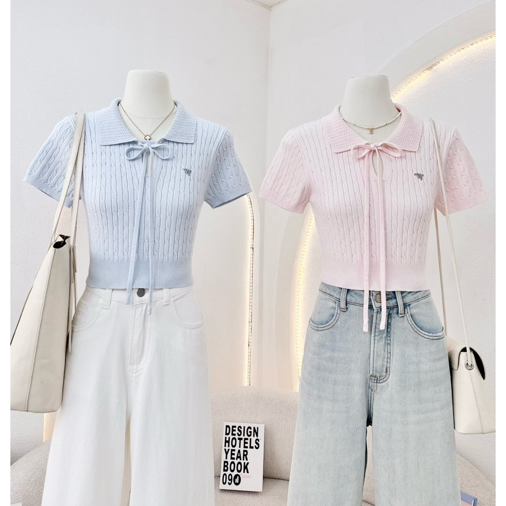WA YA เสื้อครอปคอปก แต่งผูกโบว์หน้า ผ้าไหมพรม
