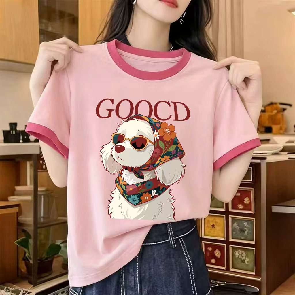 M-3XL เสื้อทีเชิร์ตผู้หญิง ลายสุนัขแว่นกันแดดสุดคูล GOOGD สีชมพู-แดง ใส่สบาย