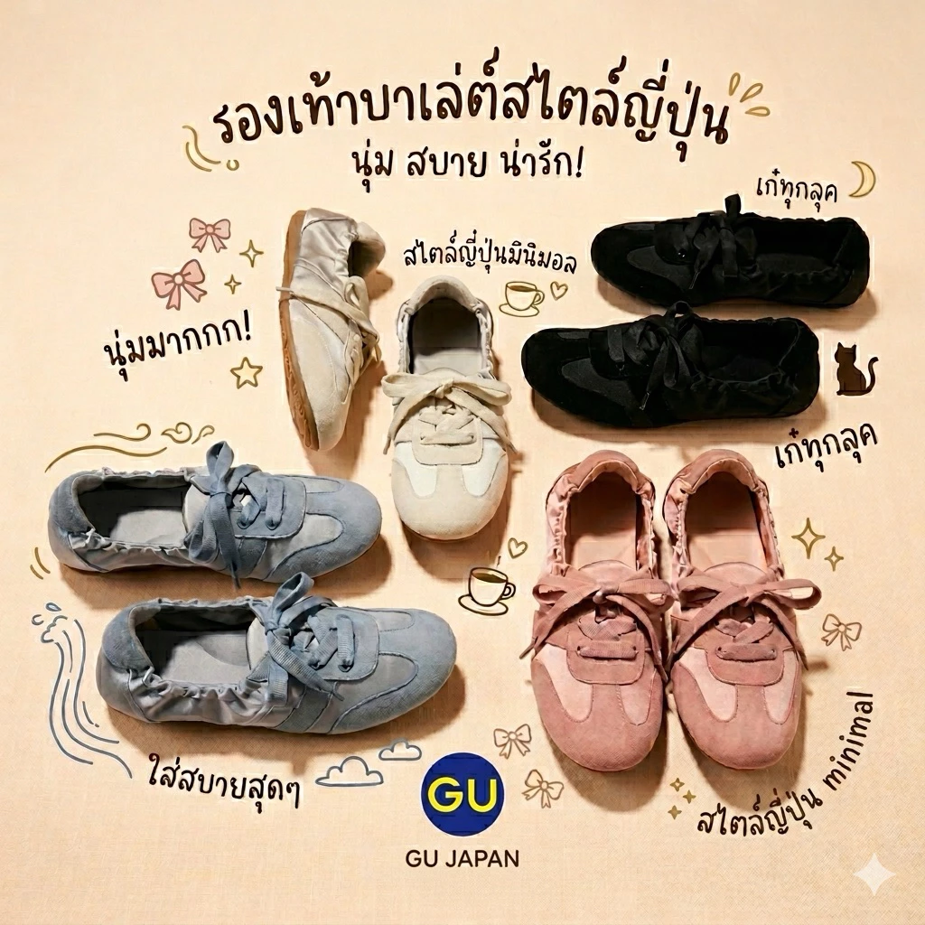‼️ร้านนี้ถูกที่สุด‼️รองเท้าของแท้จาก GU ทรงบัลเล่ต์ผสมความสปอร์ต งานดีเทลขอบระบายและเชือกผูกคือที่สุดของความคิวท์