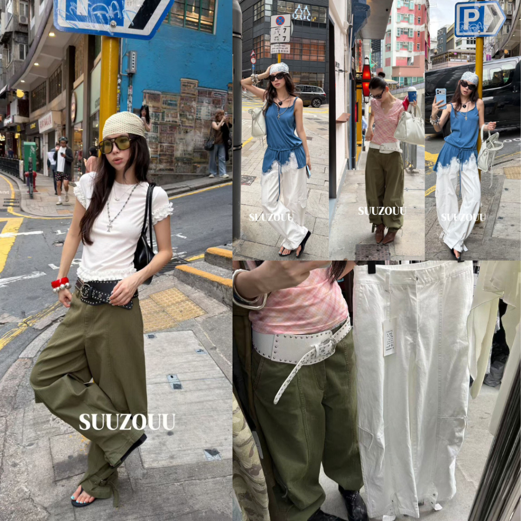 DOLLY.SU272 กางเกงขายาว แต่งกระเป๋า ปลายขาแต่งเข็มขัดรูด งานเก๋ทรงสวย