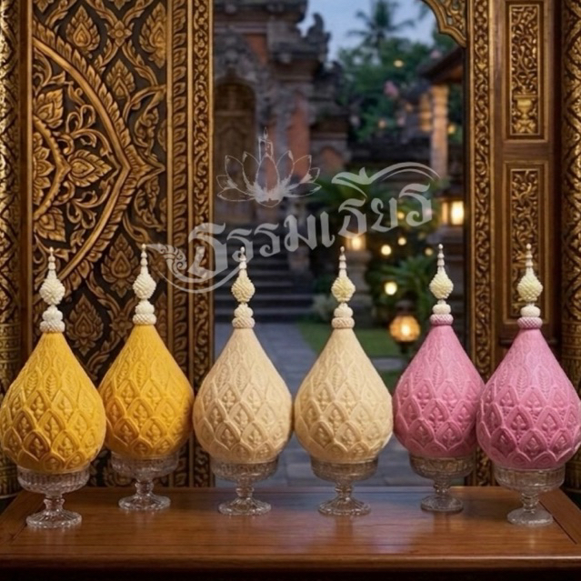 พุ่มเทียนหอม ถวายเป็นพุทธบูชา ขนาดพุ่ม 7 นิ้ว พร้อมพานแก้ว ราคาต่อ 1 พาน