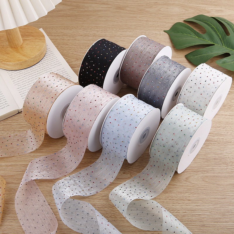พร้อมส่ง ริบบิ้นผ้าวิบวับ ประดับพลอยเทียม เกาหลีมาก  ขนาด 5 ซม.