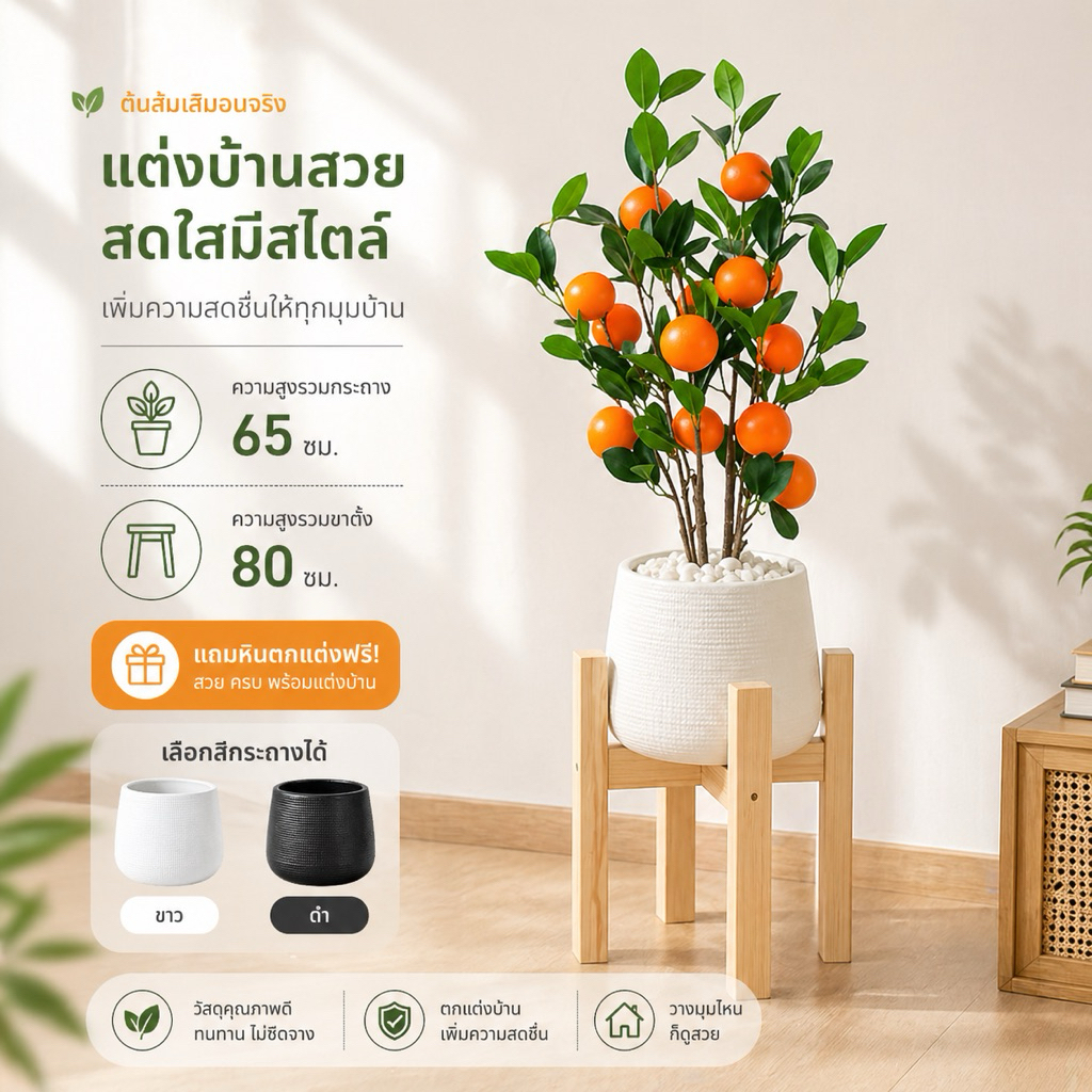 ต้นส้มเสมือนจริง 🌱🍊 สูง 65 ซม. ต้นไม้ปลอมสำหรับตกแต่ง