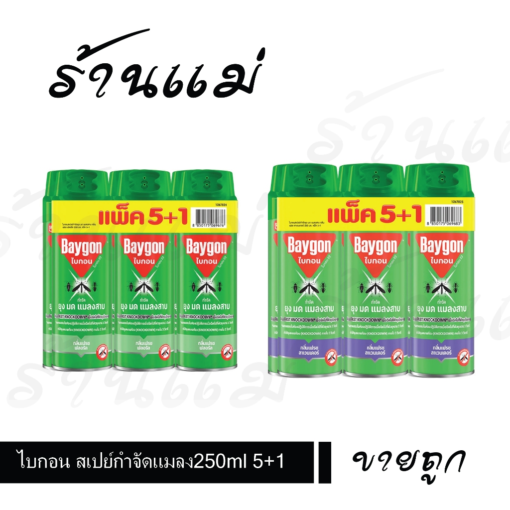 (5แถม1+โค้ดส่งฟรี) ไบกอน สเปย์ ฉีดยุง 250มล สีเขียว ม่วง 6 กระป๋อง