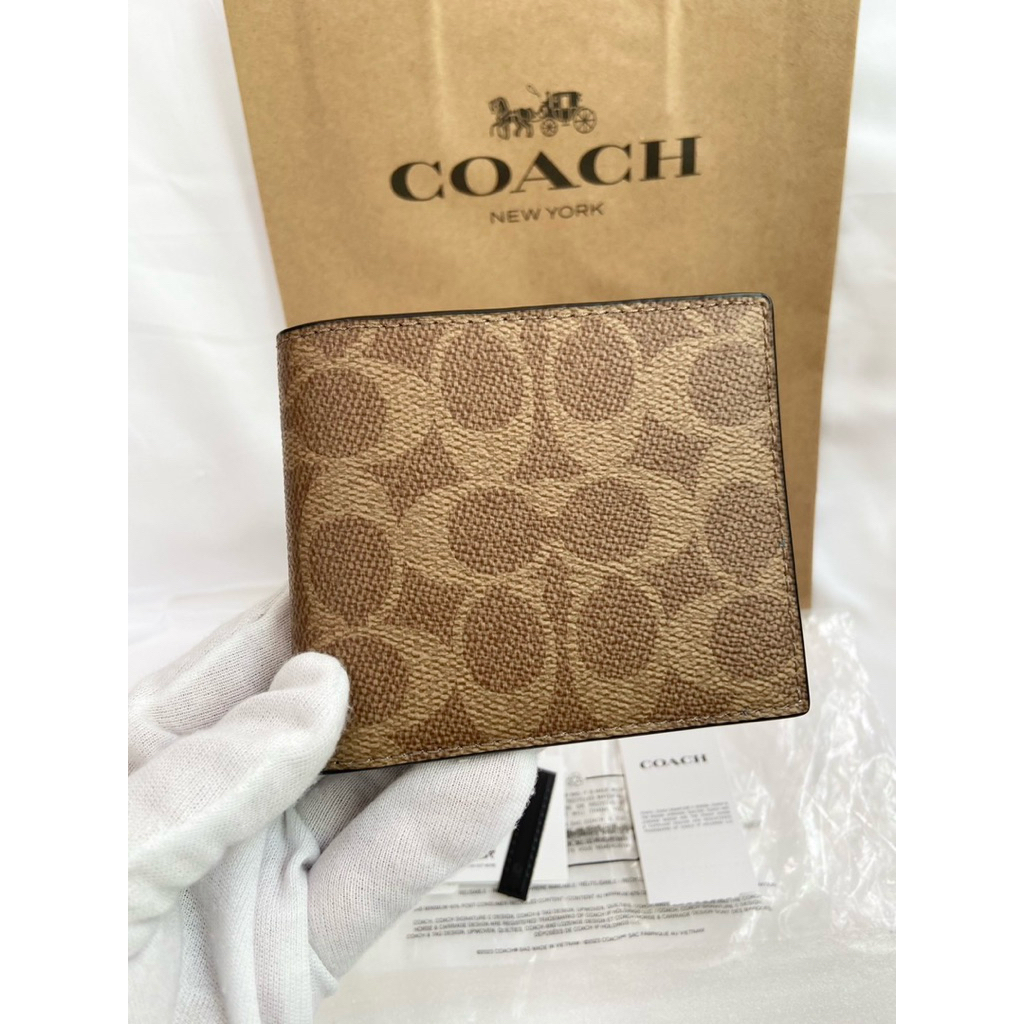 COACH CY394 ID Billfold Wallet In Signature Canvas In Tan/Black