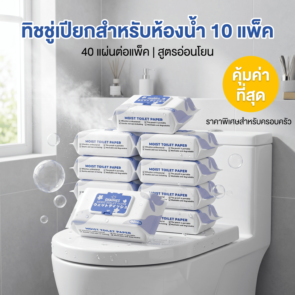 GHAOHES ทิชชู่เปียกเช็ดก้น 99.9%ฆ่าเชื้อ สูตรอ่อนโยนเด็ก 0แอลกอฮอล์ 0น้ำหอม ย่อยสลายได้ 40แผ่น