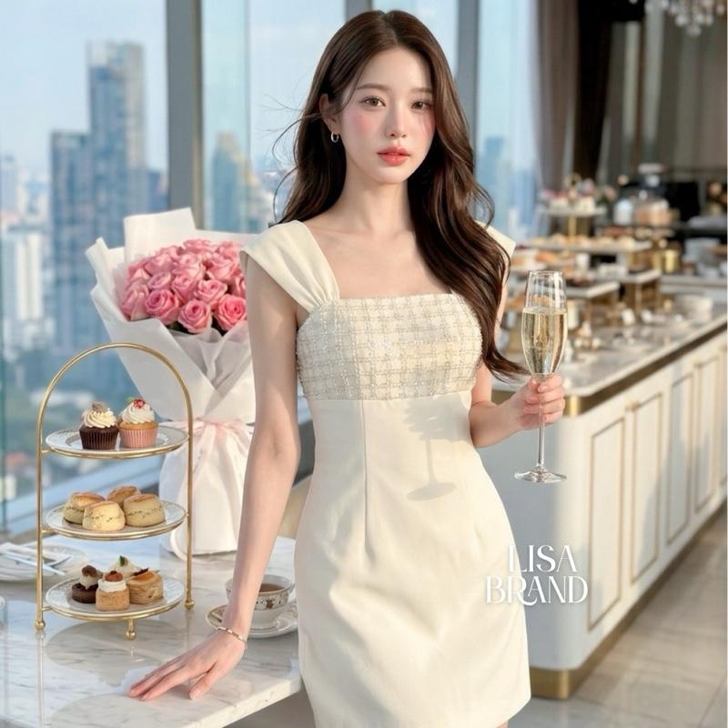 [LISA] A1359 ชุดเดรสกระโปรงคอเหลี่ยมแขนกุดดีเทลแต่งซีทรูไข่มุกช่วงอก ดีไซน์สวยหรูดูแพงผู้ดี ใส่เที่ยว ออกงาน ดินเนอร์
