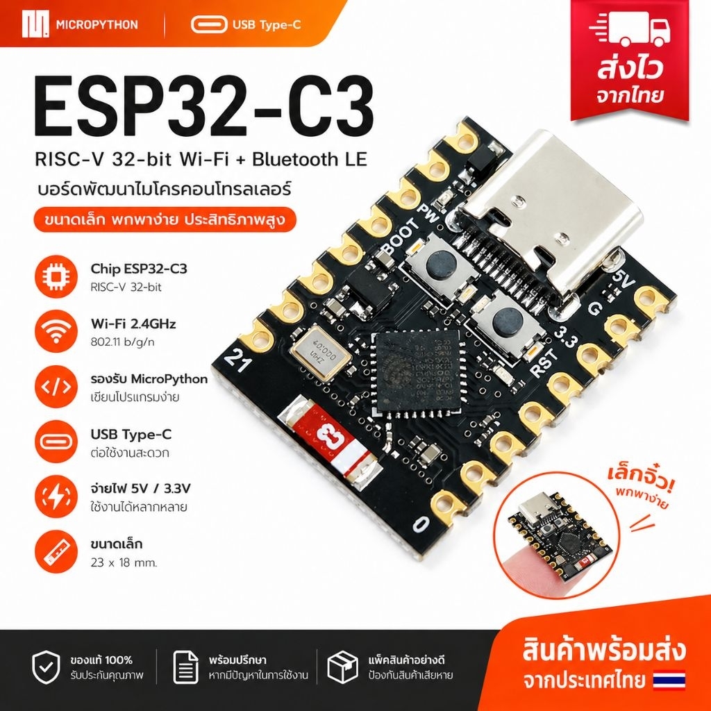 ESP32-C3 บอร์ดไมโครคอนโทรลเลอร์แบบบัดกรีขา/ไม่บัดกรีขา ESP32 Super Mini Wifi Bluetooth board ESP-32