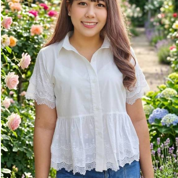 อก36-54นิ้วเสื้อเชิ้ตสีขาวแขนสั้นผ้าฝ้ายมัสลินแต่งลูกไม้ปัก