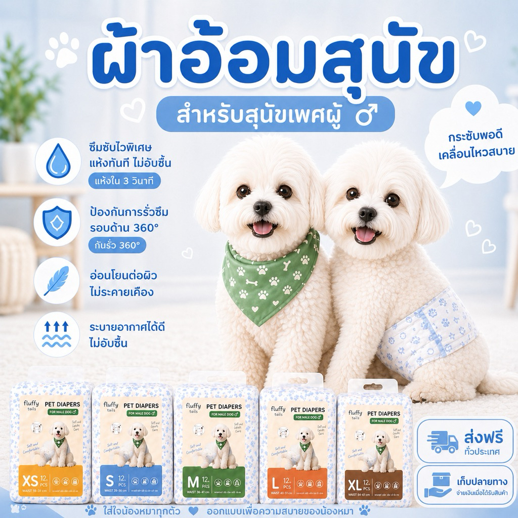 Fluffy tails ผ้าอ้อมสุนัขตัวผู้ แพมเพิสหมา โอบิ ซึมไว XS-XL 12ชิ้น/แพค