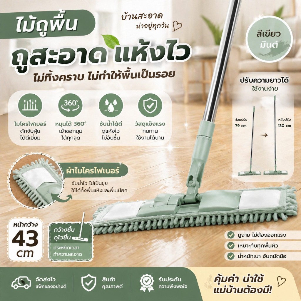 AT.Homemart ไม้ถู ไม้ม็อบถูพื้นไมโครไฟเบอร์ [หมุน 360 องศา] | ไม้ม็อบดันฝุ่น ปรับความยาวได้ | ไม้ถูพ