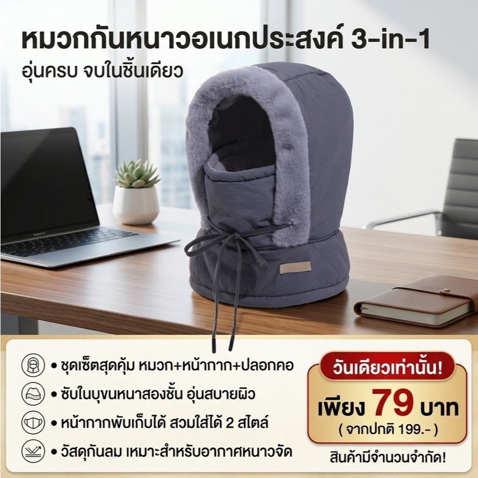 NOTA หมวกกันหนาวคลุมศรีษะ 3in1 คลุมศรีษะ คลุมหู คลุมลำคอ ขนาดฟรีไซส์ (พร้อมส่ง)