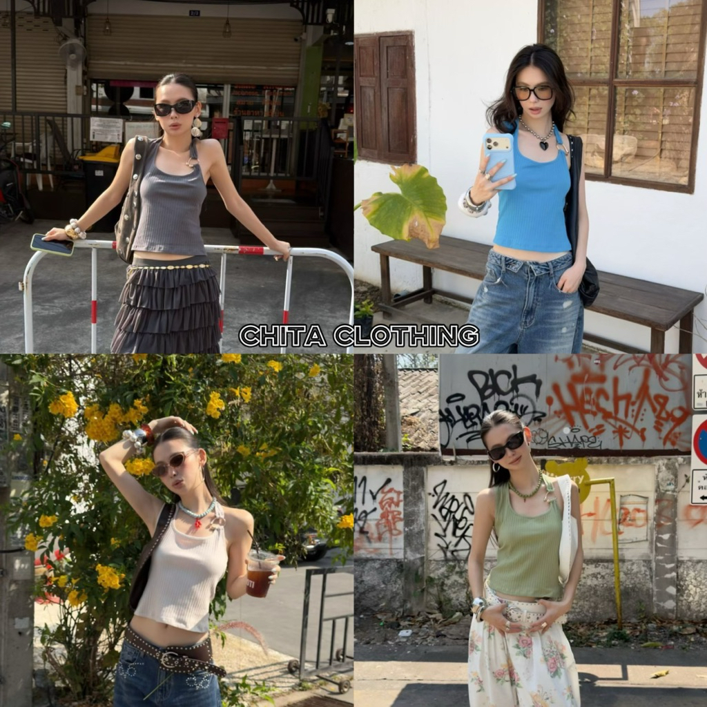 #SU088 🇰🇷เสื้อกล้ามผ้าร่อง แต่งอะไหล่สีเงินช่วงสาย ผ้าดีใส่สบายTag MMfish🇰🇷