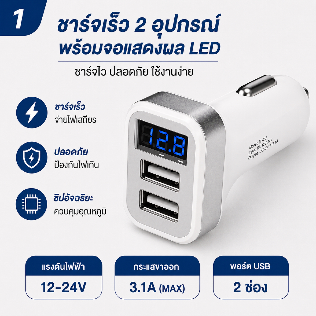 ที่ชาร์จในรถ 2 USB พร้อมจอ LED แสดงแรงดันไฟ ชาร์จเร็ว ปลอดภัย ใช้ได้กับรถทุกคัน