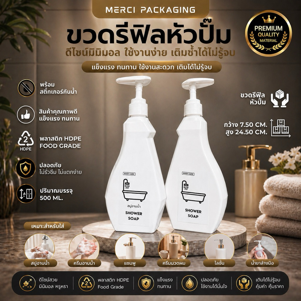 ขวดรีฟิลหัวปั๊ม มินิมอล สีขาว ขนาด 500ML. หัวปั๊มแข็งแรงทนทาน (HDPE Food Grade) แถมฟรี สติ๊กเกอร์ PK500ML88