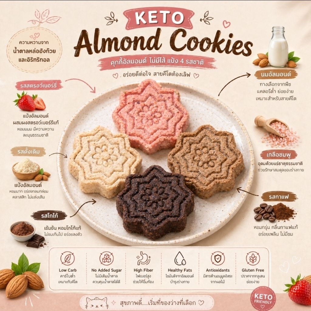 HALAL คีโตคุกกี้อัลมอนด์ (ไม่มีไส้) ไร้แป้งสาลี  ไร้น้ำตาลทราย  KETO Almond Cookies (no filling dark