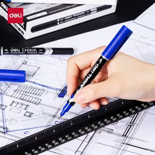 ปากกามาร์คเกอร์ Deli สำหรับเขียนซองพลาสติก แผ่นซีดี โมเดล แบบ 2 หัว (0.5 mm - 1 mm) หมึกน้ำเงิน