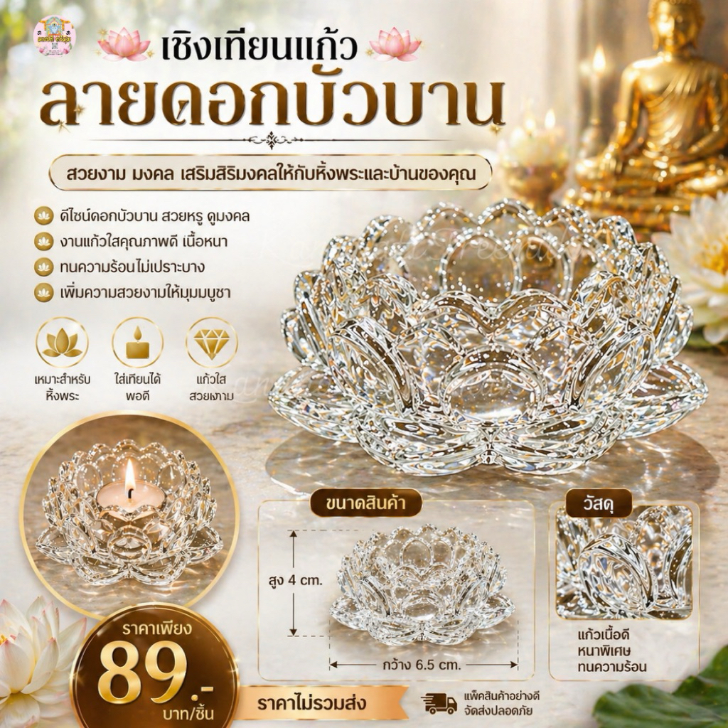เชิงเทียนแก้วลายดอกบัวบาน  สวยงาม งานทำจากแก้วใส เนื้อแก้วหนาไม่เปราะบาง ตกแต่งบนหิ้งพระ หิ้งบูชาองค์เทพ เพื่อความสวยงาม