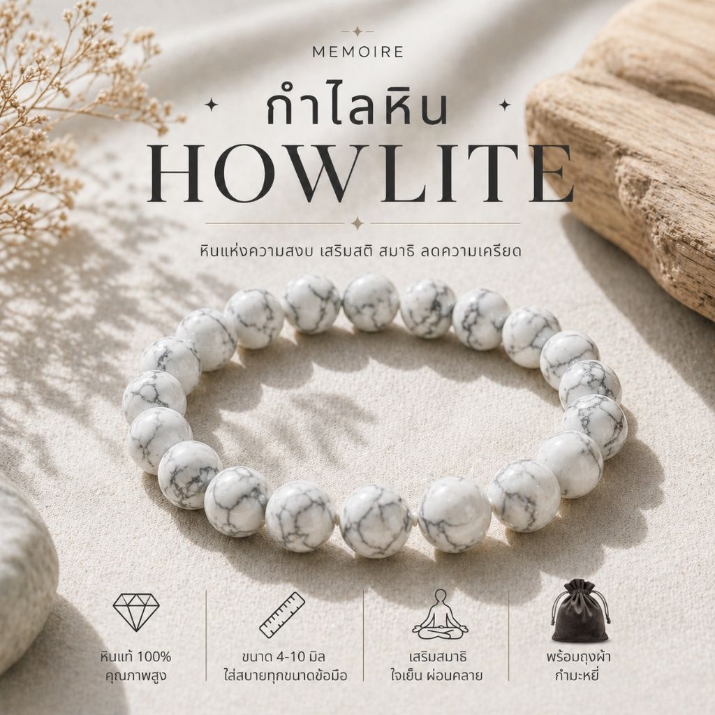 กำไลหินฮาวไลท์ Howlite แท้ | หินสงบจิตใจ คลายเครียด เสริมสมาธิ ใส่แล้วดูแพง สายมูต้องมี